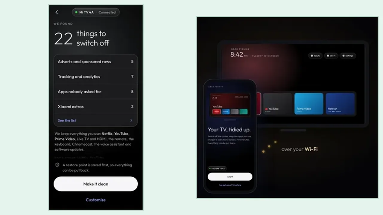 Clean Your TV official demo view: finished TV with Netflix, YouTube, Prime Video and Hotstar on a tidy home screen