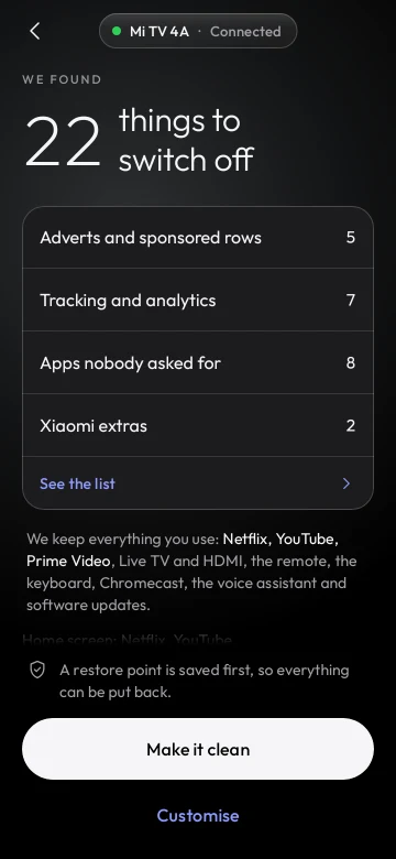 Clean Your TV analyse step: 22 things found to switch off, grouped by type