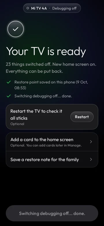Clean Your TV clean step: TV ready with 23 things switched off and a new home screen