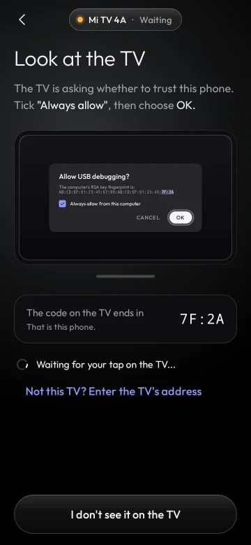 Clean Your TV connect step: the TV asks whether to trust this phone