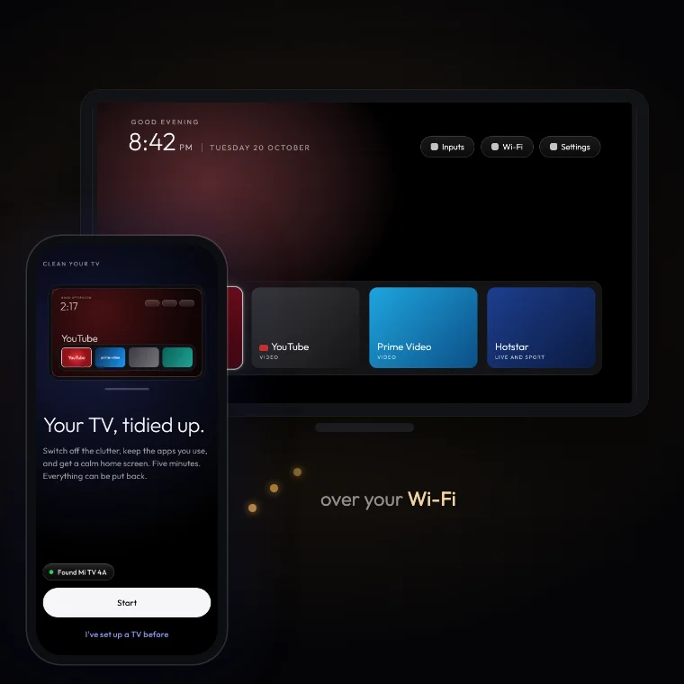 Clean Your TV official start view: phone ready to start and TV home screen tidied